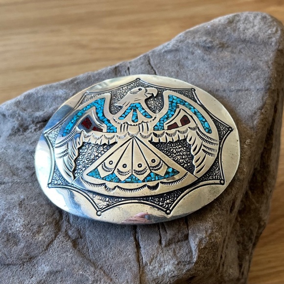 Vintage Thunderbird Belt Buckle Navajo Mosaic Turquoise Chip Jimmie J NEZZIE - Picture 5 of 11